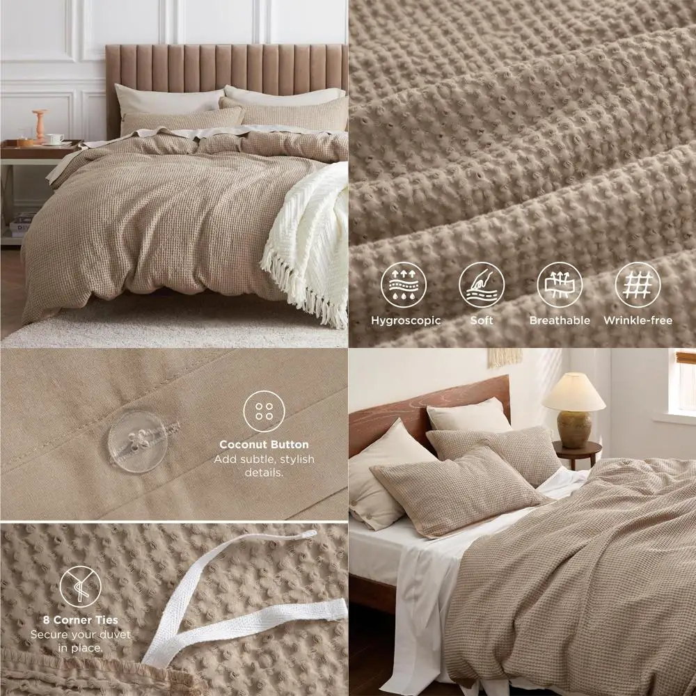 

Cotton Waffle Weave Duvet Cover Queen Size - 100% Cotton Khaki Bedding, GentleSoft and Breathable Tan Cover for Queen Beds