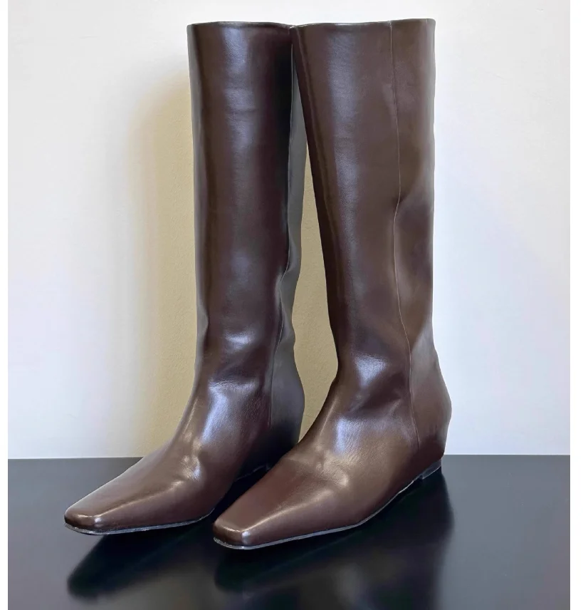 AIYKAZYSDL بولي Leather الجلود حذاء برقبة للركبة Hidde إسفين كعب الأحذية الحديثة الغربية فارس دراجة نارية ركوب الحذاء حذاء مسطح غير رسمي #1