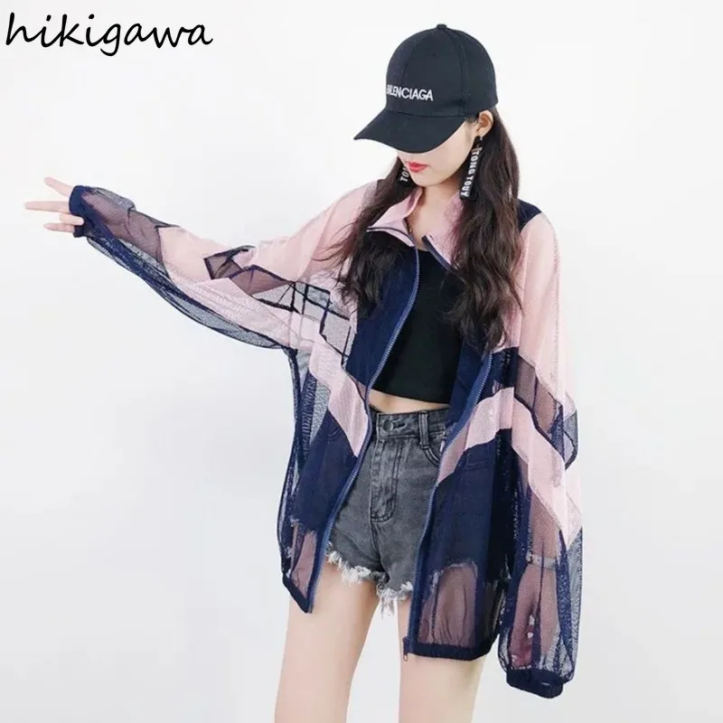 Harajuku Streetwear Jackets Women\'s Clothing 2024 Ropa Mujer Patchwork Gauze Fashion Casual Outwear See Through Y2k Coats Tops