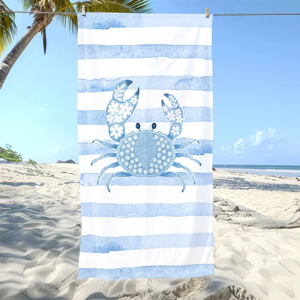 Mediterranean Striped Crab Oversized Microfiber Beach Towel, Extra Large Lightweight Portable Bath Towel, XL Pool Swim Mat