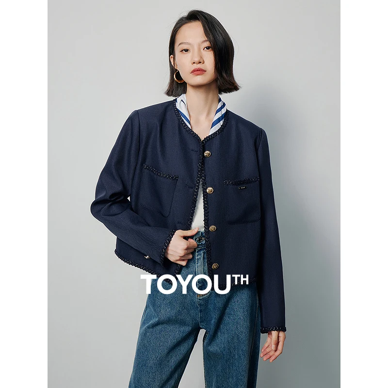 

Toyouth Women Coat 2024 Spring Long Sleeve Round Neck Loose Jacket Contrasting Colors Luxury Buttons Elegant Advanced Outwear