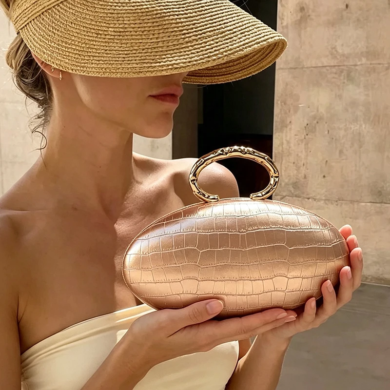 Oval Shape Evening Clutch Bag for Women Metal Circle Handle Croc Pattern Wedding Shell Handbag Detachable Chain Shoulder Bag