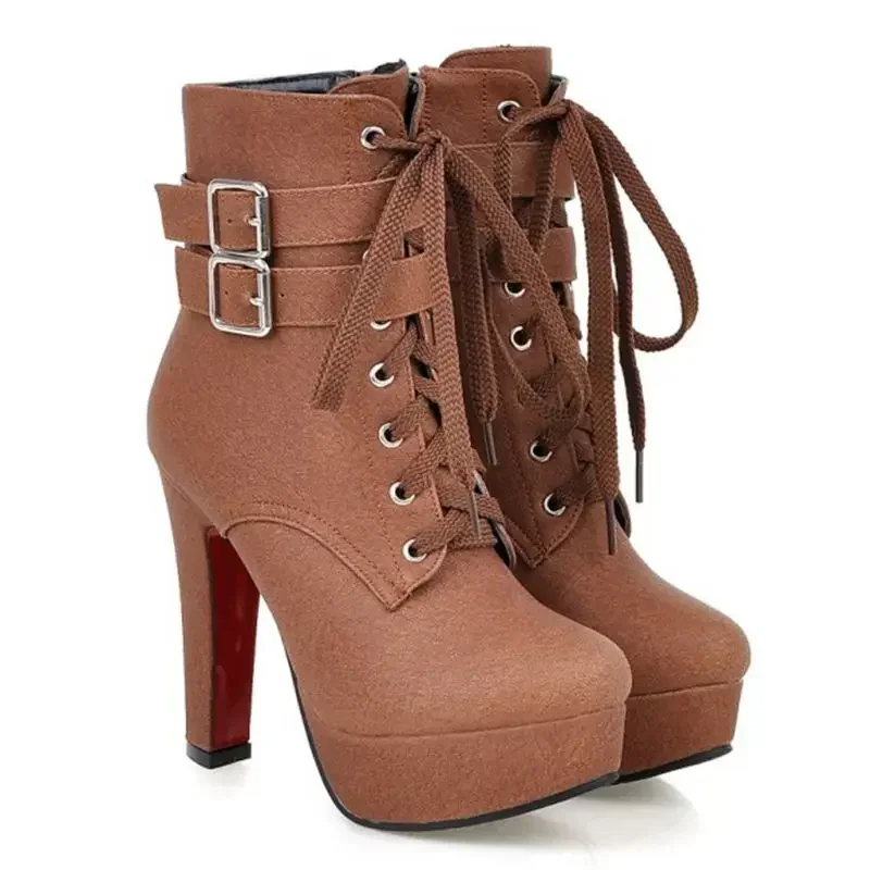 BLXQPYT Ankle Boots Women Fashion Round Toe Cross Tied Zippe High Heels Autumn Winter Party Dress Platform Boots Big Size 50 X-2