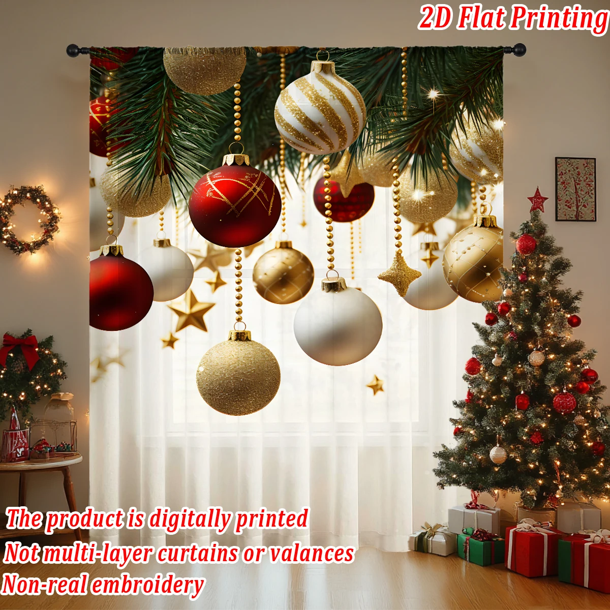 ستارة شفافة مطبوعة مسطحة لعيد الميلاد مع زخارف حلوى عيد الميلاد الفاخرة، لغرفة المعيشة وغرفة النوم والنوافذ وديكور أجواء الحفلات