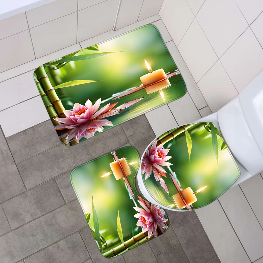1 set of lotus candle stone bamboo printed polyester shower curtain, SPA style, with plastic hooks and bathroom floor mat