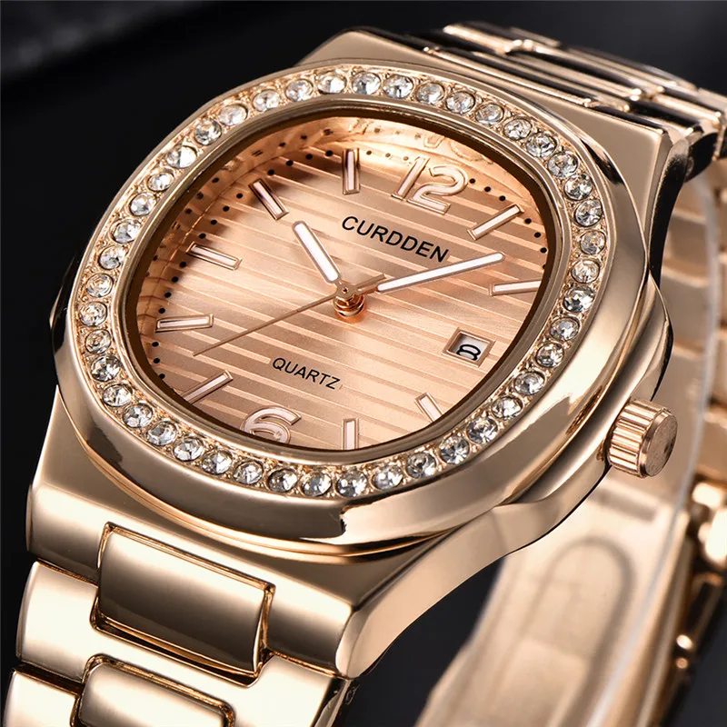 Men Original CURDDEN 1520 Brand Watches Fashion Alloy Band Diamond Golden Date Business Quartz Watch Montres de Marque de Luxe