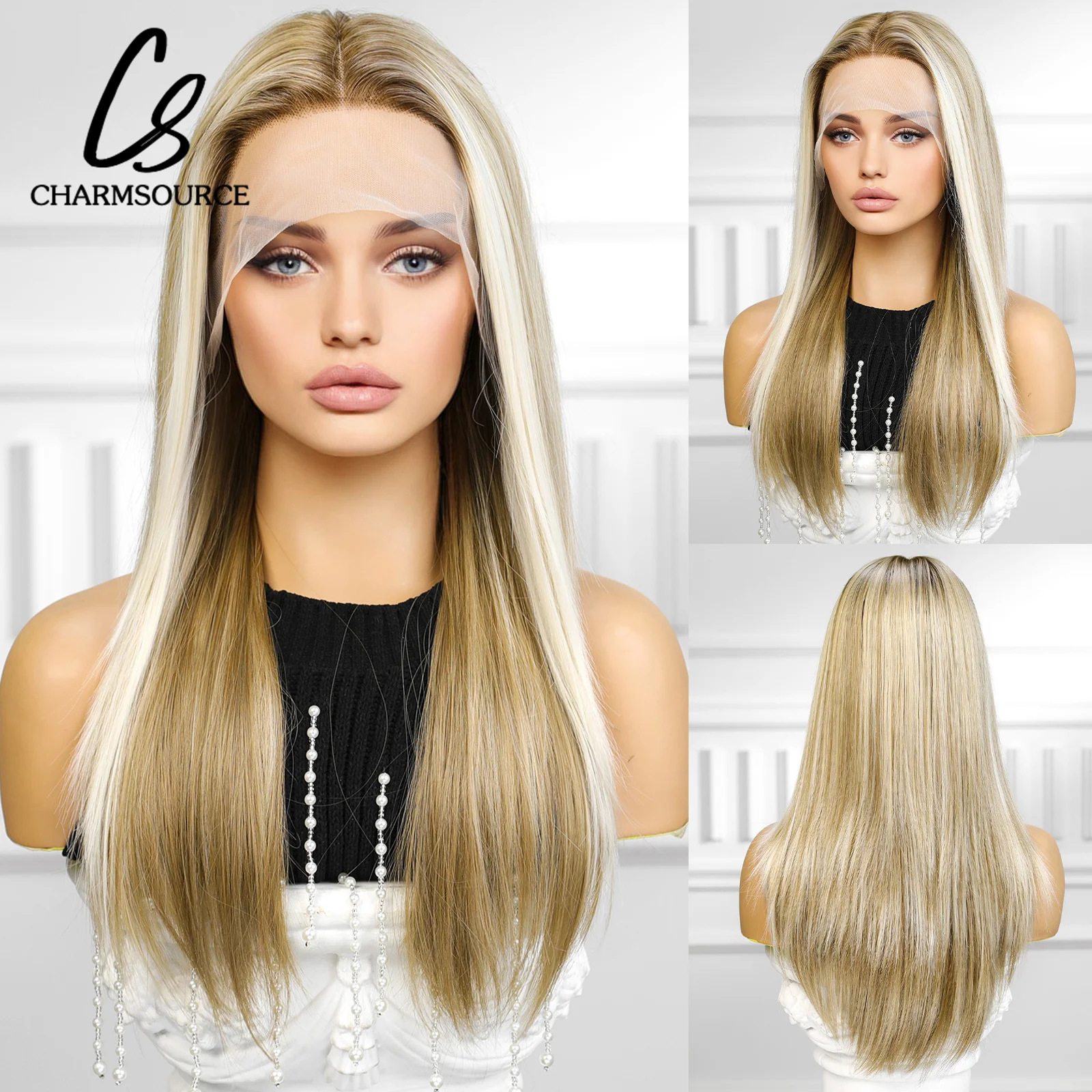 CharmSource Lace Wig Blonde Highlight Brown Long Straight Wigs Synthetic Wigs for Women Hair Party Daily High Density