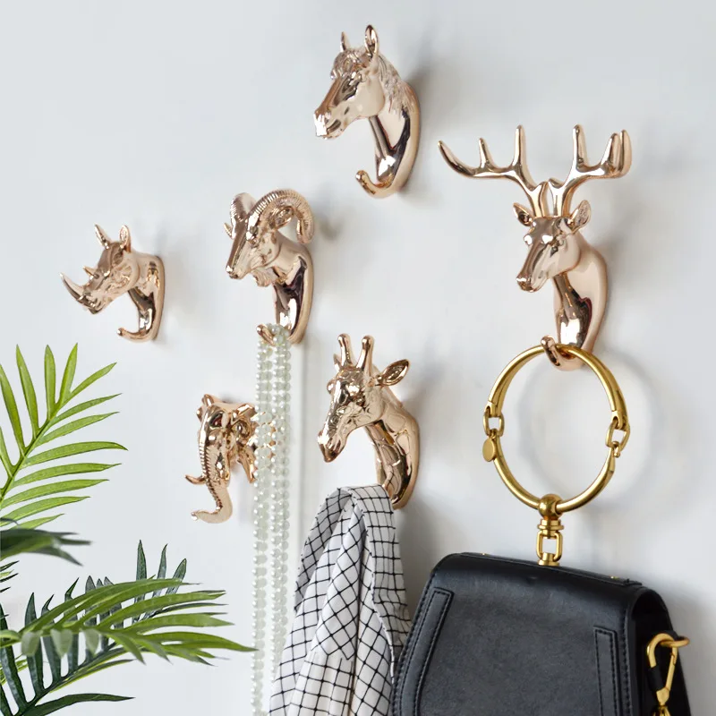 Vintage horse Plating Resin Process Free Punch Hooks Animal Key Wall Hanging Hook Deer Horns Hanger Rack Wall Home Decoration