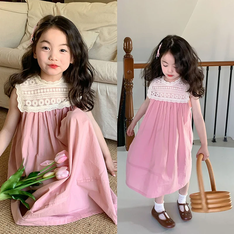 1-6Yrs Girls Pink Dress Summer New Children Clothing Fashionable Girls Lace Collar Sweet Sleeveless Casual Dress Korean Style