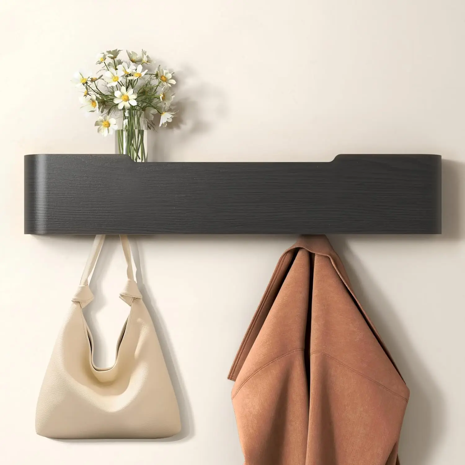 

Modern Wall Mount Coat Rack with Wooden Shelf for Entryway, Bedroom, Kitchen - Holds Coats, Hats, Bags
