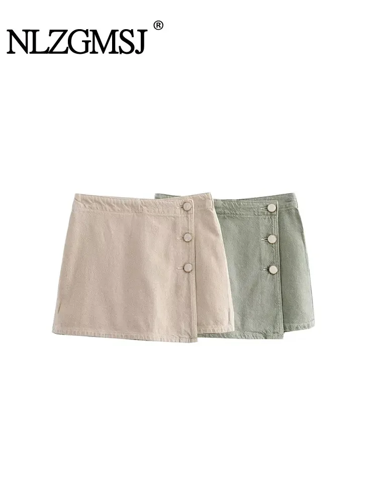 Nlzgmsj TRAF 2024 Summer Casual Chic Women Denim Shorts Skirt Solid Zipper Buttons Shorts Skirt Fashion Elegant Shorts