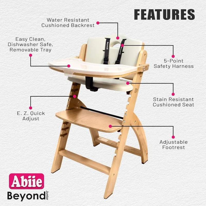 Beyond Junior Wooden High Chair with Tray - Convertible Infant High Chair - Adjustable High Chair for Babies 6 Months to 250 lbs