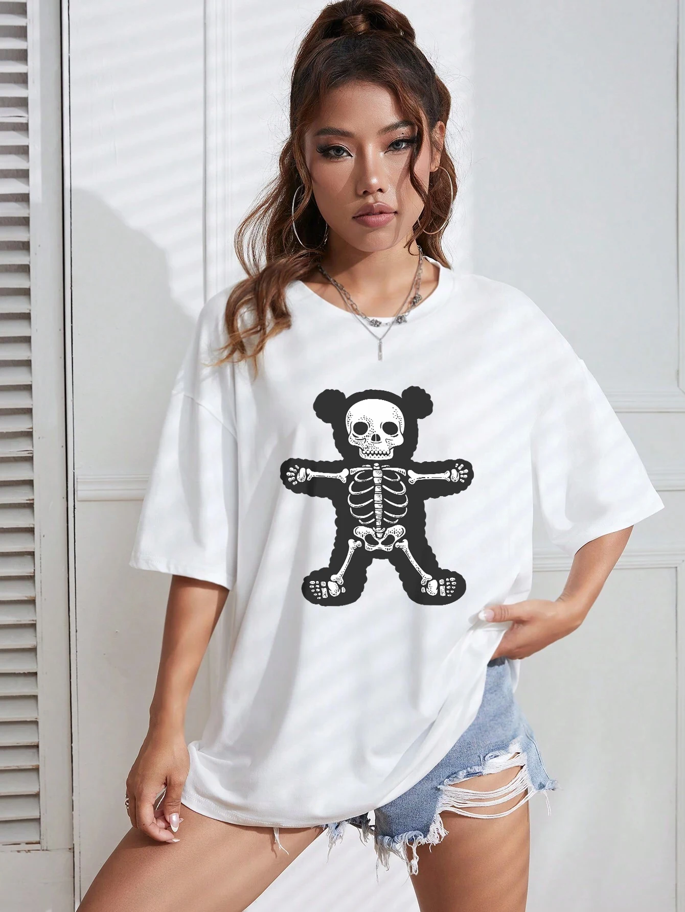 

Cartoons Cotton Woman T-Shirts The Skeleton Of A Full Teddy Bear Printing Tops Soft Loose O-Neck Short Sleeve Female Clothes