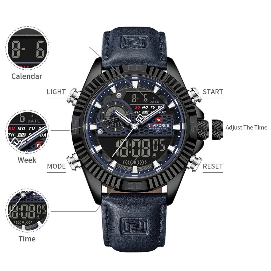 New NAVIFORCE Men's Genuine Leather Band Men Military Luminous Clock Waterproof Date Countdown Wristwatches Relogio Masculino