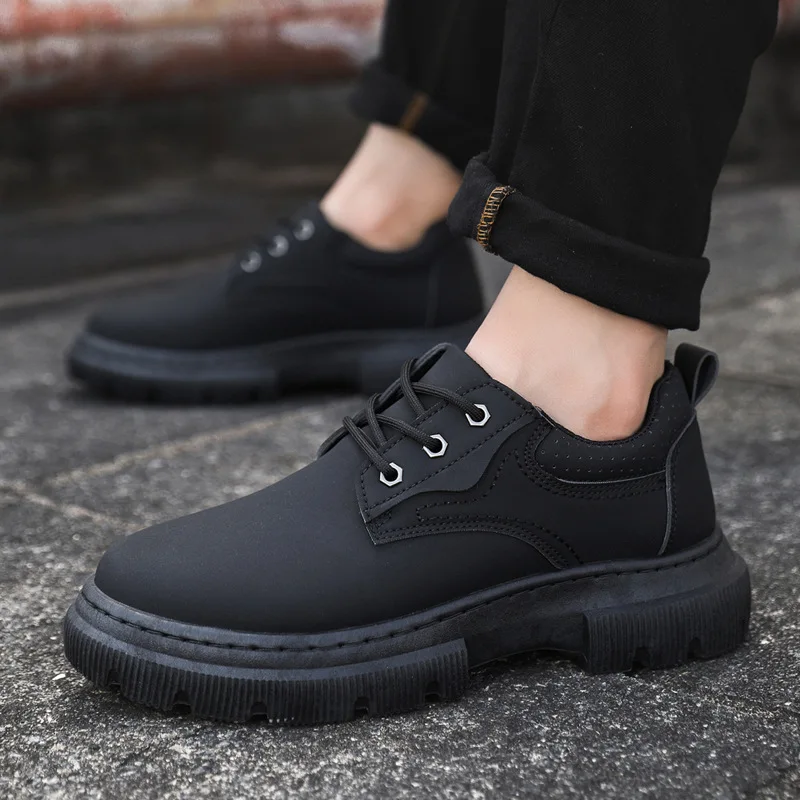 fashion Low-top lace-up boots  thick bottom heightening men's  casual leather shoes outdoor workwear shoes