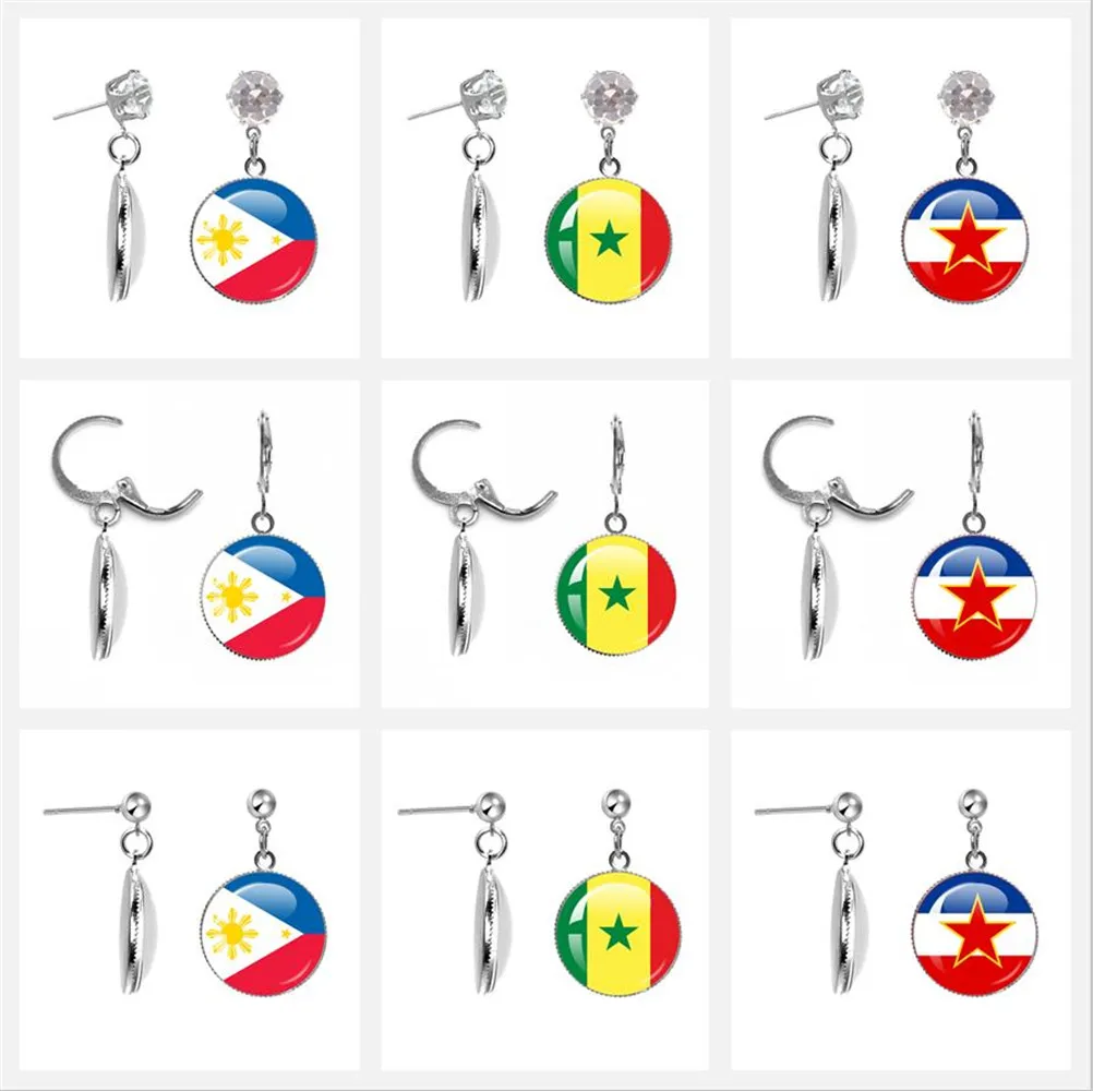 France,Poland,PuertoRico,Montenegro,Yugoslavia,Angola,Philippines,Japan,Senegal 20mm Glass Cabochon Drop Earrings Gift