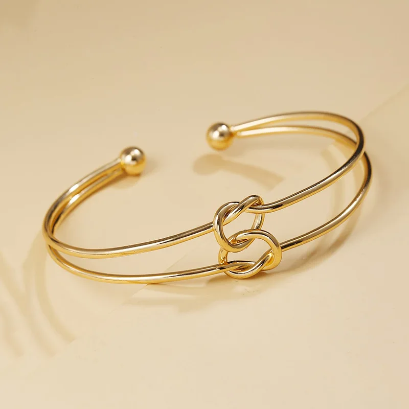 New Round Circular Open Knot Double Heart Cuff Bangle Bracelets For Women Elegant Gold Color Jewelry Noeud Armband Pulseiras