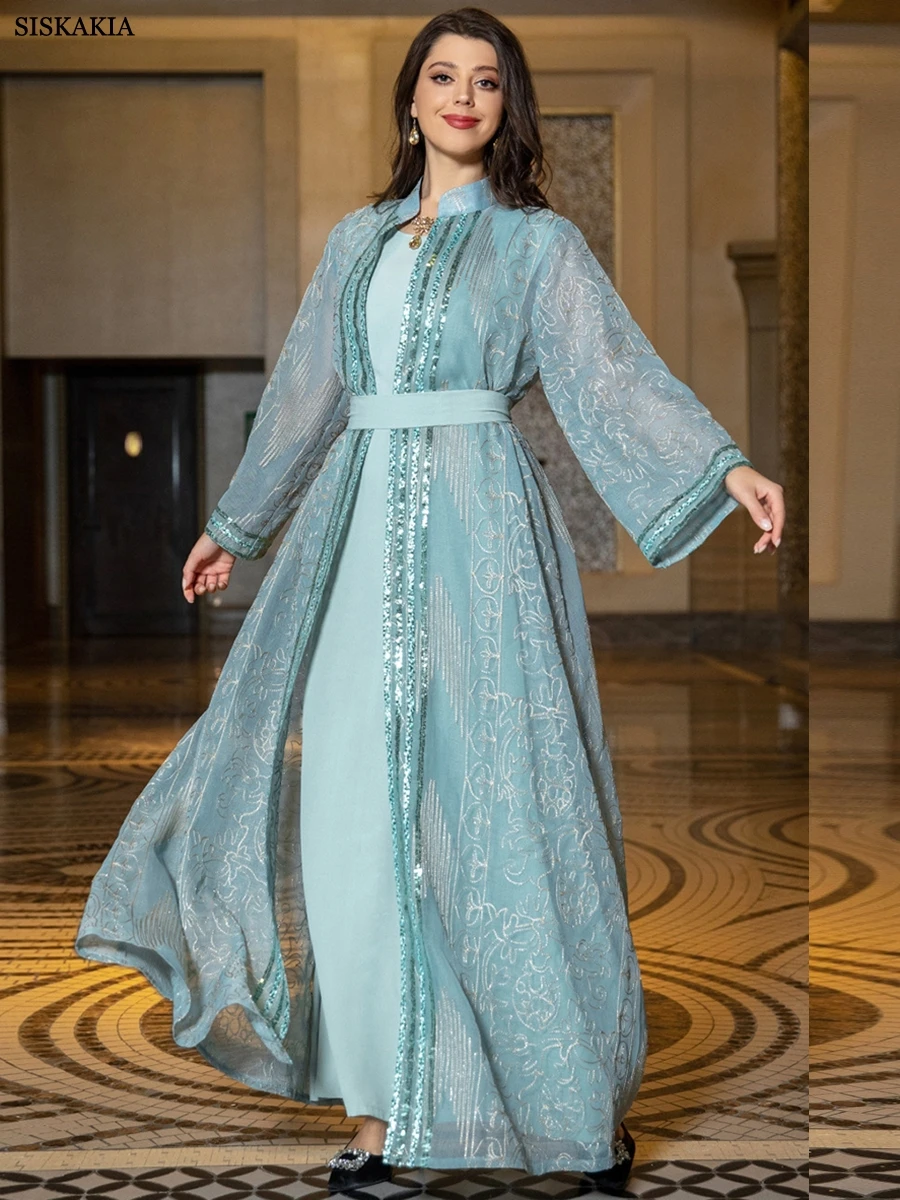 Siskakia Muslim Indian Anarkali Suits For Woman Kuwaiti Dubai Daily Party Gown Fashion Long Sleeve Belted Clothing