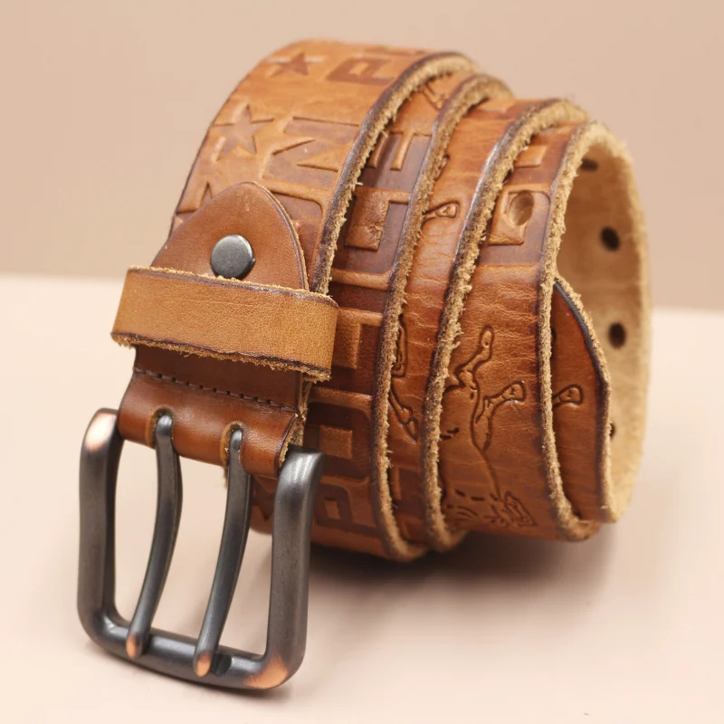 Western Stars Horse Pattern Embossed Leather Retro Double Pin Buckle Men Belt Fashion Jeans Causal Pants Belt for Mens