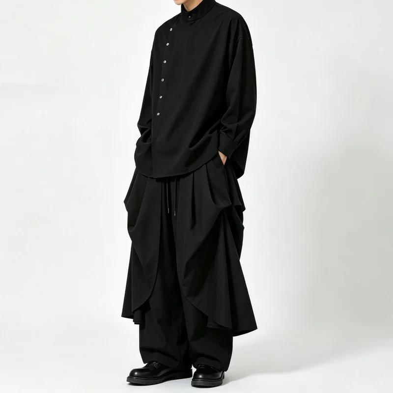 Men'S Casual Pants, Dark Two-Piece Wide-Leg Culottes, Loose High-Waisted, Flowing, Asymmetrical Long Pants