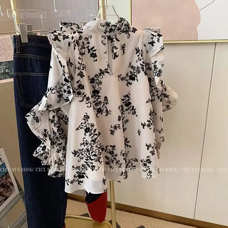French Court Style Bow Floral Shirt Womens Spring 2024 New Vintage Hong Kong Style Blouses Puff Long Sleeve Blusas Mujer