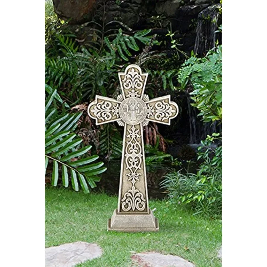 Garden cross statue for outdoor use, stone-resin material, gray color, weather-resistant and detailed craftsmanship