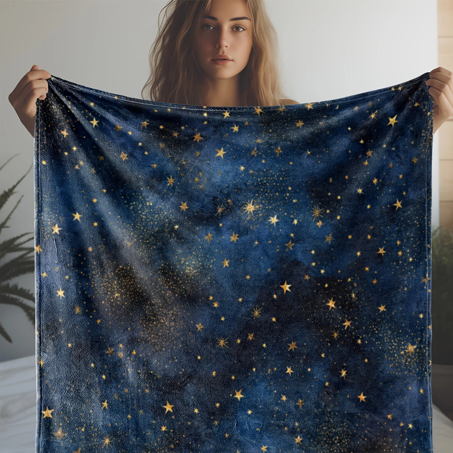 1pc Zeal Lily Flannel Blanket - Deep Blue Starry Night Sky with Golden Stars, Soft Warm All-Season Luxury Throw for Bed, Sofa