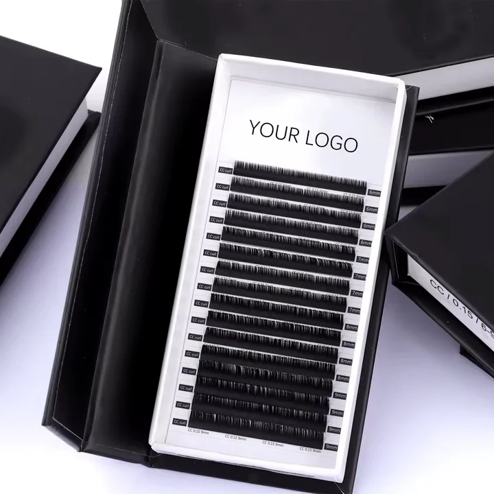 Black Cashmere Russian Volume Eyelash Extensions Tray J B C CC D DD L M Curl 0.03 0.05 0.07mm None Sticky Lashes