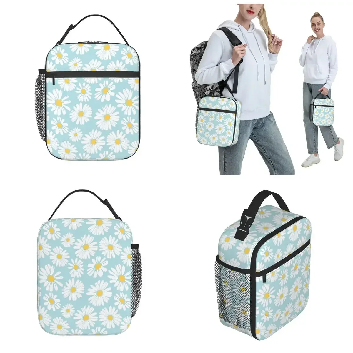 

Daisy Flower Insulated Lunch Bag Large Meal Container Cooler Bag Tote Lunch Box Beach Outdoor Food Storage Bags