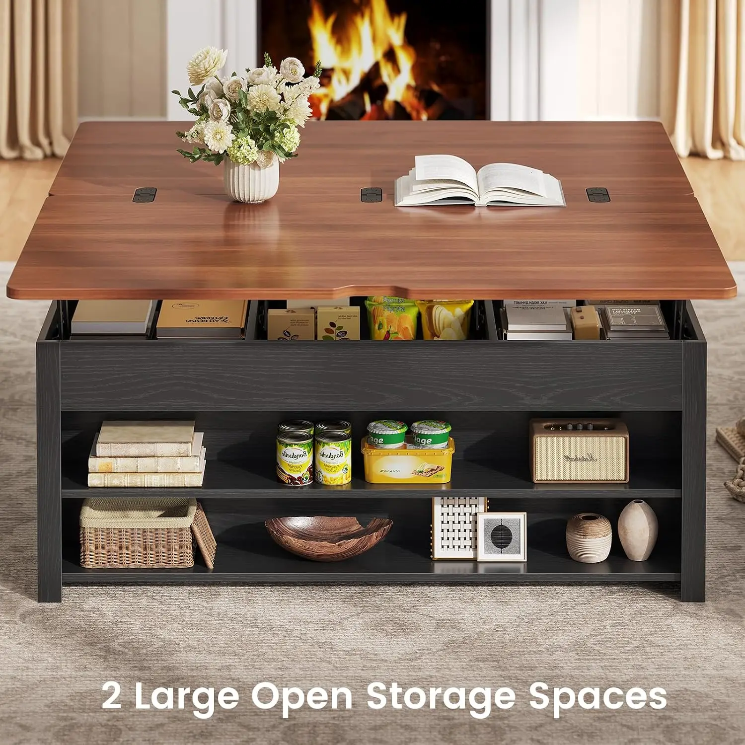 Lift Top Coffee Table with Storage Bench, Farmhouse Convertible Coffee Table to Dining Table for 4-8, 4 Modes with Hidden Compar