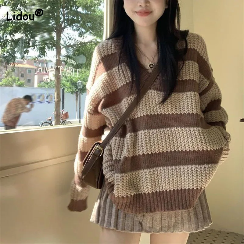 

Trend Vintage Striped V-Neck Sweaters 2023 Autumn Winter Women's Clothing Casual Loose Long Sleeve Knitted Pullovers For Female