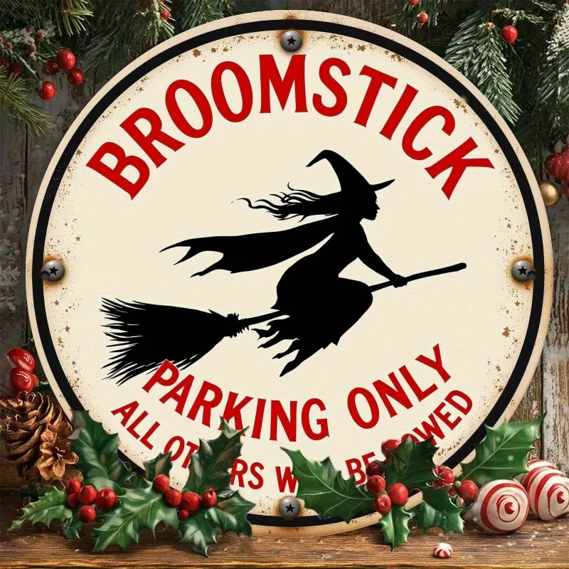 Witch broom parking sign, vintage round wall decoration item