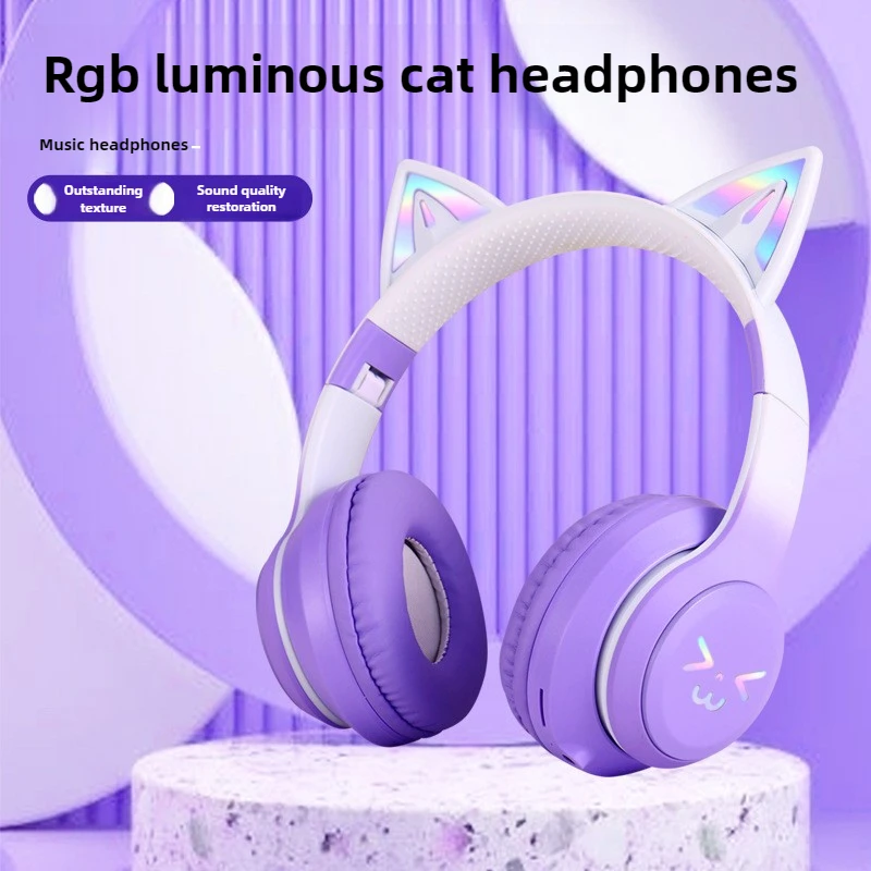 

Folding Design Bluetooth Earphones Wireless Headwear New Gradient Cat Ears Luminous Earphones