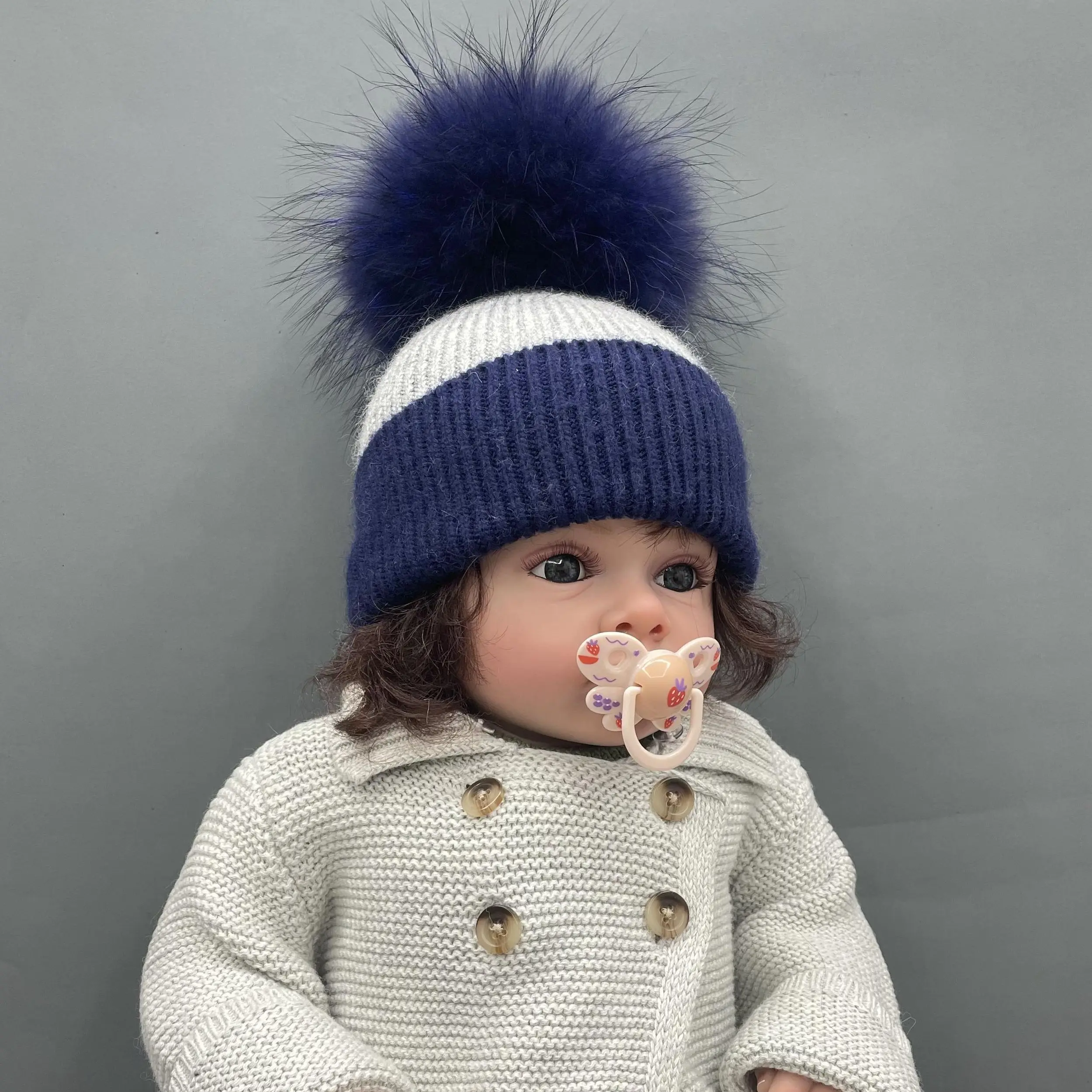 MISSJANEFUR Knitted Hats for Kids, Baby Angora Cashmere Cap for Girls and Boys, Real Fur Pom Pom Beanie, Home and Outdoor