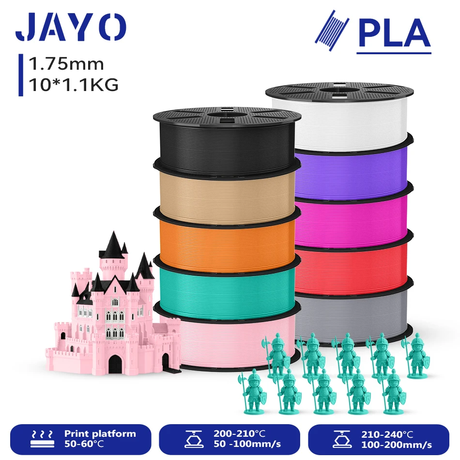 JAYO 10 Rollen 3D PLA Druckerfilament 1,75mm, ungiftig & blasenfrei, PLA-Kunststoff als 3D-Druckfilament für 99% der 3D-FDM-Drucker & -Stifte, 1,1KG/Rolle