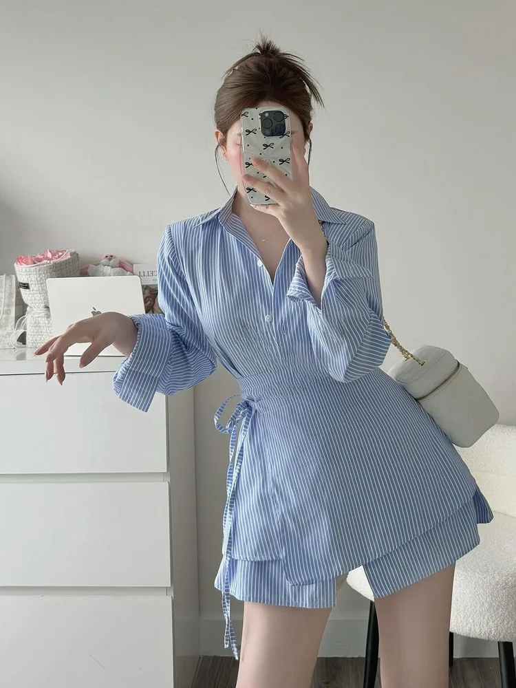 

Summer Stripe irt Women's Chic Retro Turn-down Collar Long Sve Single Button Top Waist Belt Two-piece Set Korean Sle S...