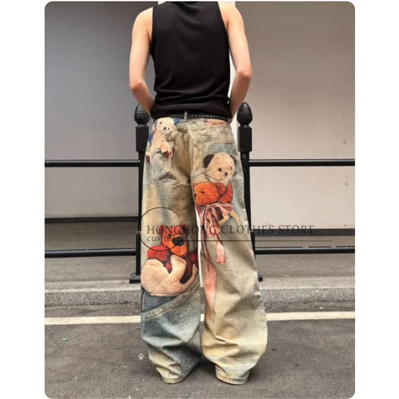 Pantalones vaqueros estilo americano vintage con estampado de oso, lavados y desgastados - pantalones de pierna ancha holgados y modernos para hombre y mujer