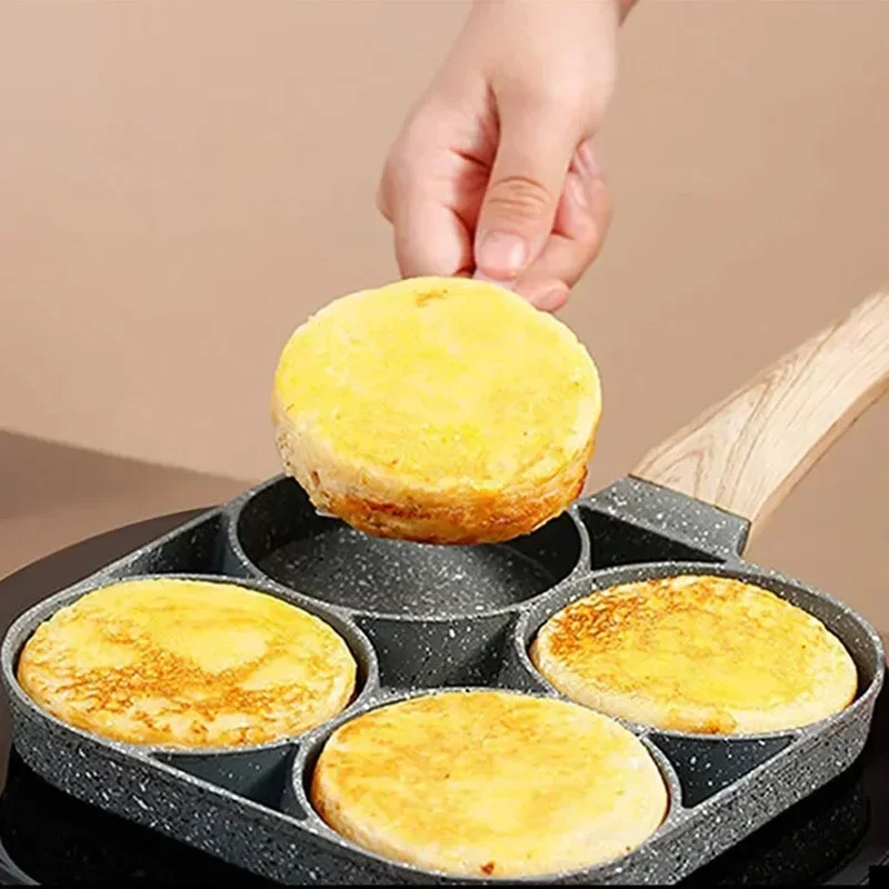 

UPORS 4 Hole Frying Pan Non Stick Breakfast Burger Egg Pancake Maker Wooden Handle Medical Stone Four Hole Omelet Pan