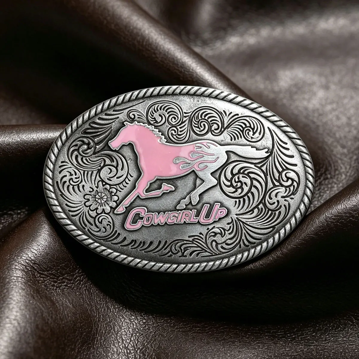 Retro Western Cowboy Pink Running Horse Belt Buckle for Women Fashionable Leather Accessory Oval Shape Classic Western Trend