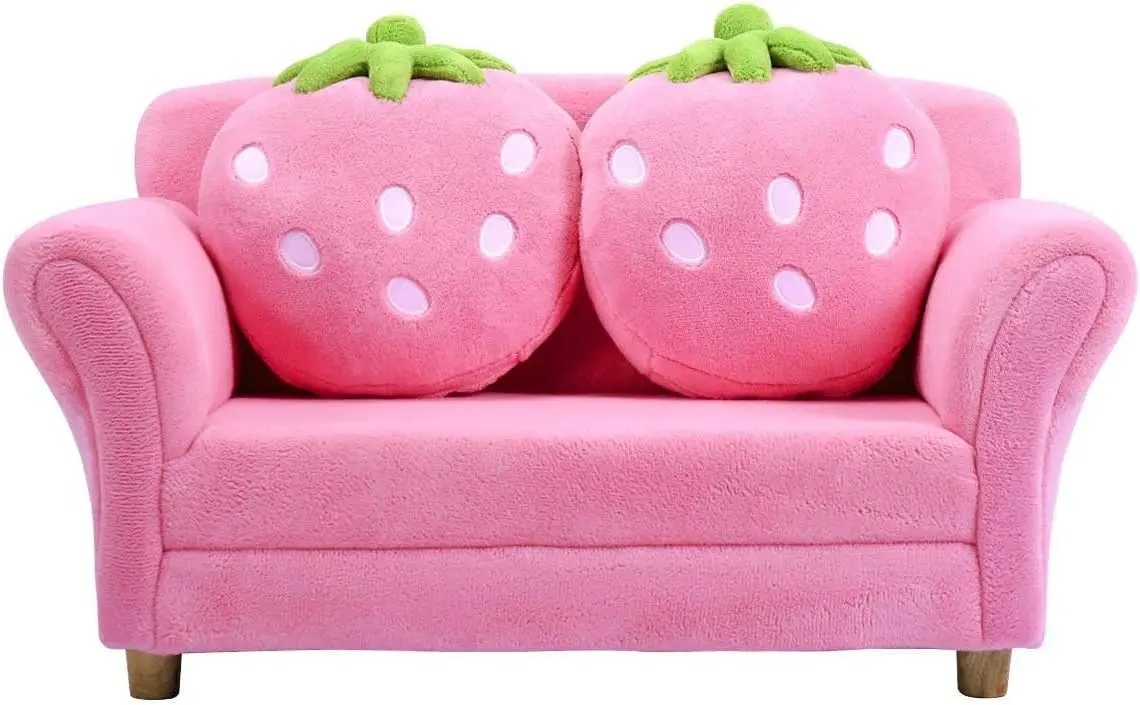 Sofá infantil, assento duplo rosa, sofá infantil com 2 travesseiros de morango, cadeira de apoio de braço infantil para quarto, sala de estar