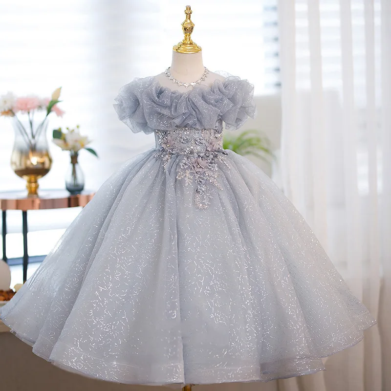 1-12 Yrs Kids Dress for baby Girls Luxurious Wedding Birthday Party Sequin grey petal Princess Ball Long gown Children’s Dress