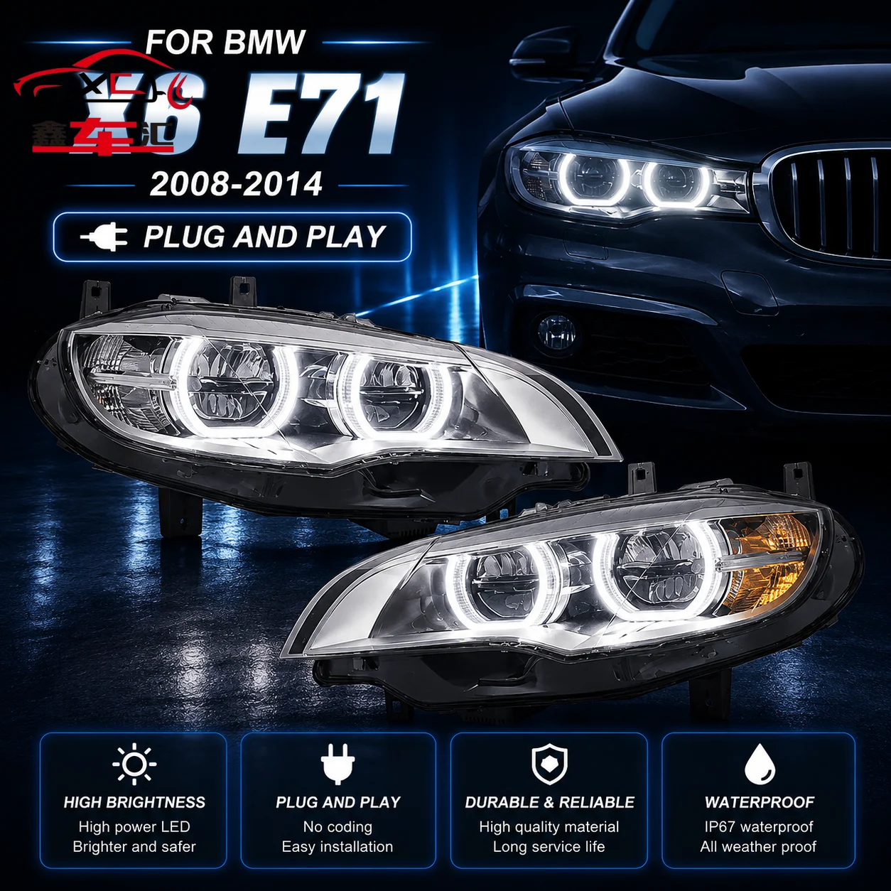 

Car LED Headlight Light Parts For BMW X6 E71 2008-2014 Auto Fog DRL Brake Turn Signal Lamp Plug And Play