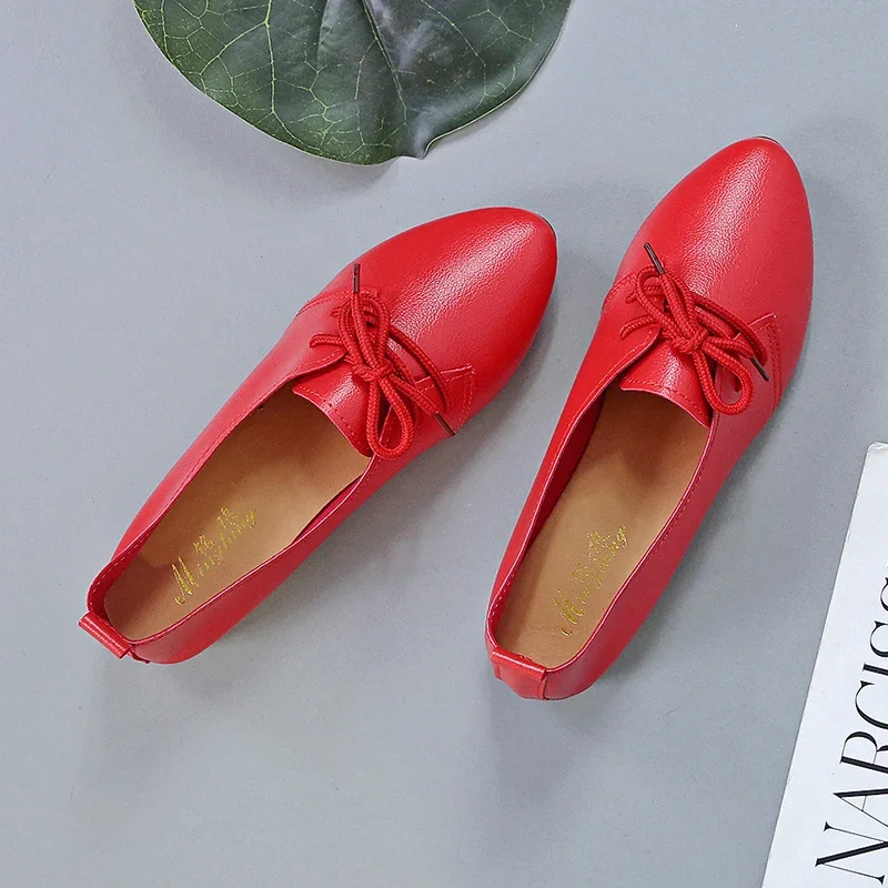 PU Pointed Toe Casual Flats 2023 High Quality Solid Shoes Female Spring/Autumn Lace-up Basic Flats Zapatos Planos Para Mujeres