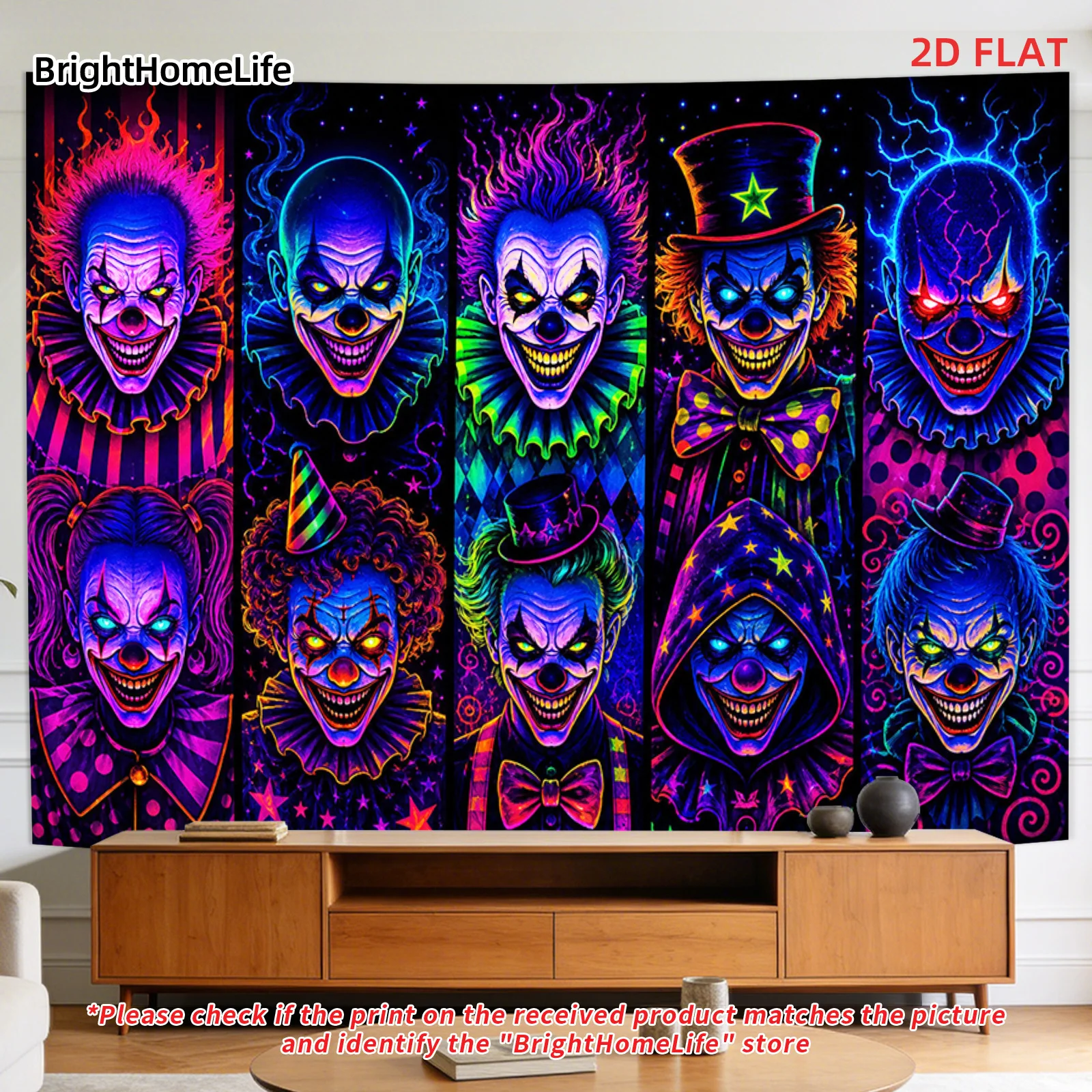 Neon Clown Face Tapestry, Scary Horror Wall Hanging, Dark Circus Room Decor, Blacklight Reactive Blanket, Halloween Gift