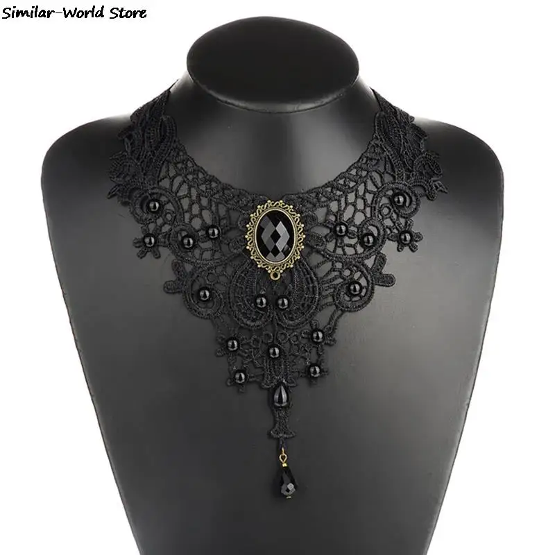 1PCNew Hot Women Black Lace& Beads Choker Victorian Steampunk Style Gothic Collar Necklace Nice Gift For Women