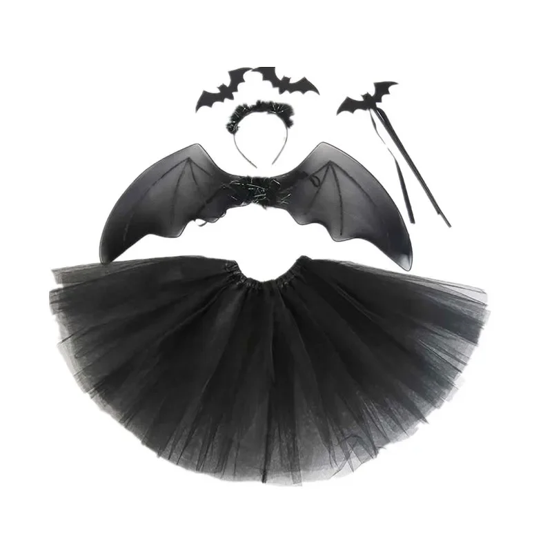 Kinderen meisjes zwarte vleermuis outfit set met vleugels oren hoofdband hoofddeksels toverstokken rok tutu voor kinderen meisjes cosplay halloween kostuum