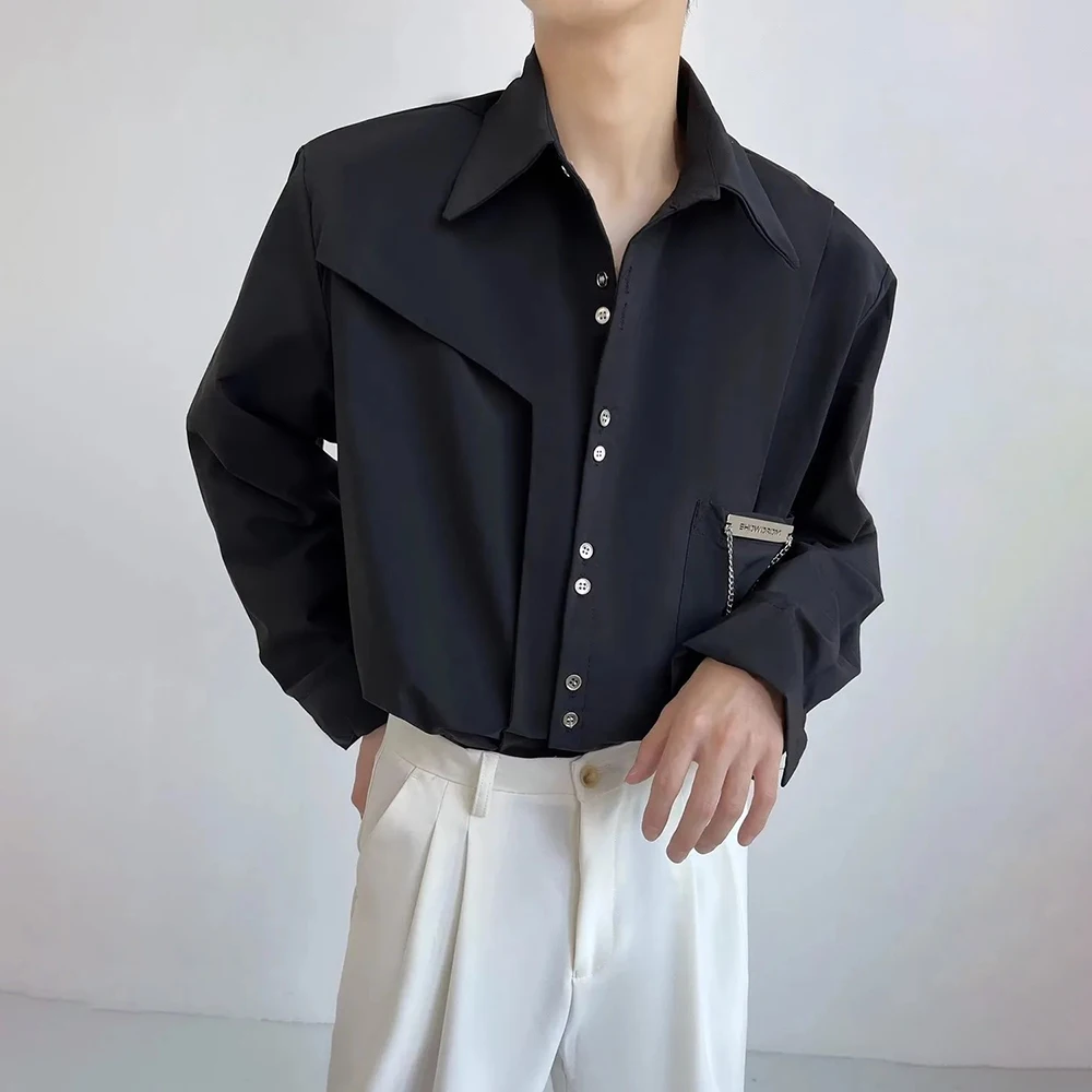 Mens Y2k Irregular Patchwork Chain Pendant Shirt Spring Streetwear Fashion Youth Campus Trendy Long Sleeve Top Men'S Clothing