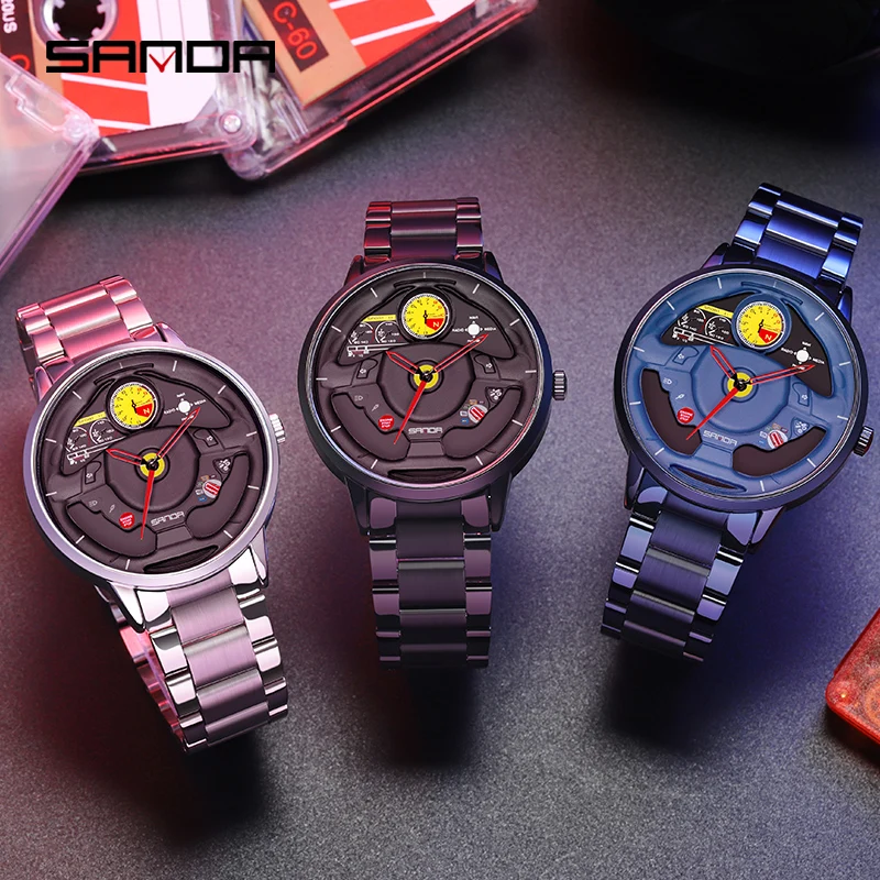 SANDA P1085 مبتكرة الهيكل العظمي ساعة الرجال الرياضة سيارة المقود مقاوم للماء الفولاذ المقاوم للصدأ حزام الكوارتز العلامة التجارية ساعات المعصم