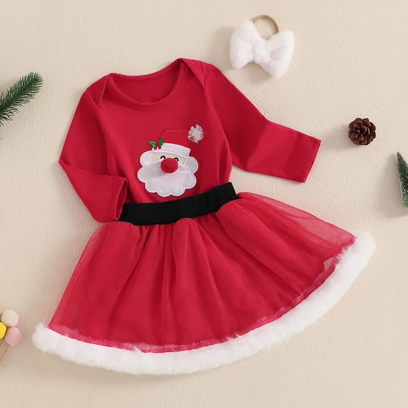 RUEWEY 0 to 18 Months Christmas Baby Girl Skirt Sets Santa Claus Embroidery Long Sleeve Bodysuit Fuzzy Trim Elastic Waist Skirt