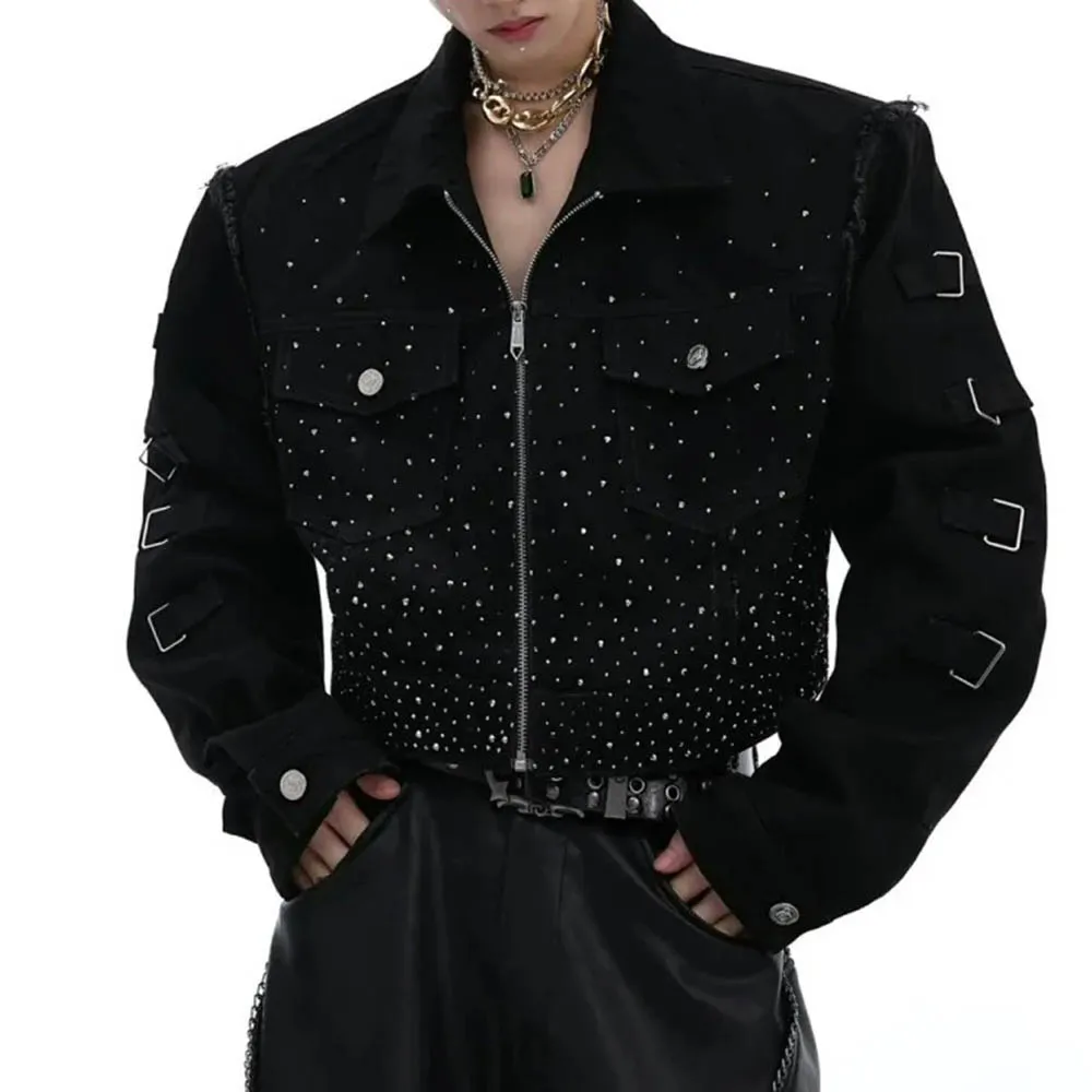 

Mens Denim Jacket Rhinestone Shoulder Pads Jacket Streetwear Fashion Nightclub Stage Performance Cropped Tops Men'S Clothing